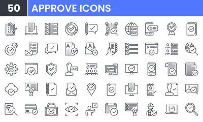 Fototapeta na wymiar Approve and Check Mark vector line icon set. Contains linear outline icons like Quality Guarantee, Accept Document, Warranty, Certificate, Choice, Checklist, Correct, Stamp. Editable use and stroke