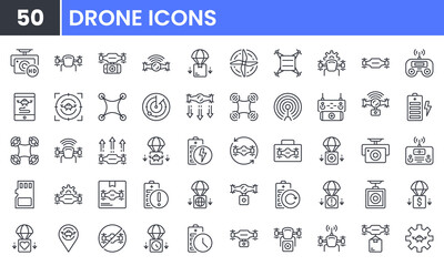 Air Drone vector line icon set. Contains linear outline icons like Quadrocopter, Propeller, Remote Control, Radar, Camera, Battery, Delivery, Copter. Editable use and stroke.