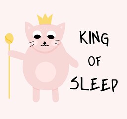 King of sleep pink cat with crown illustration for kids print.