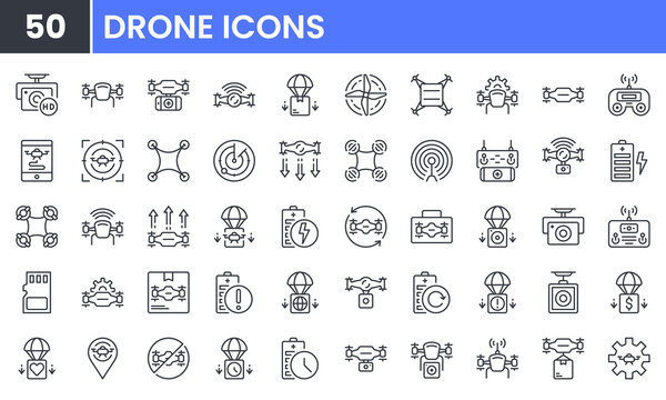 Air Drone vector line icon set. Contains linear outline icons like Quadrocopter, Propeller, Remote Control, Radar, Camera, Battery, Delivery, Copter. Editable use and stroke.