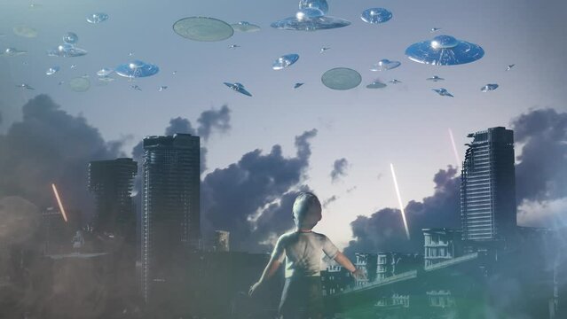 attack of flying alien ufo saucers on the city 3d render 