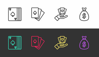 Set line Deck of playing cards, , Hand holding and Money bag on black and white. Vector