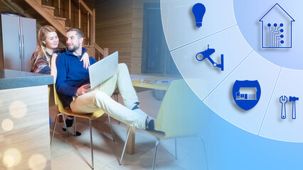 Loving couple in smart home. Man and woman run IOT. Smart home control via wi-fi. Guy and girl in kitchen of cottages. House of young couple is equipped with smart home system. Iot laptop