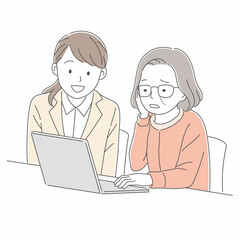 パソコンの操作を教える講師と困った表情の女性