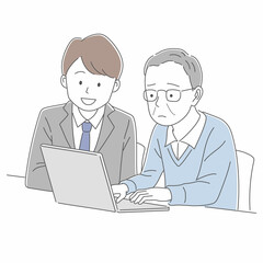 パソコンの操作を教える講師と困った表情の男性