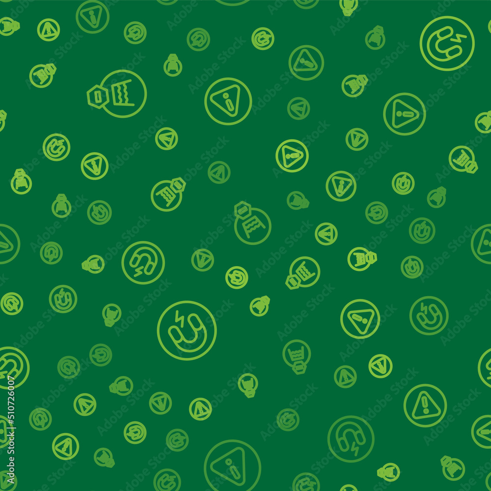 Poster set line delicate wash, magnet and exclamation mark in triangle on seamless pattern. vector