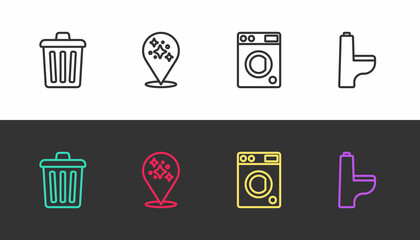 Set line Trash can, Home cleaning service, Washer and Toilet bowl on black and white. Vector