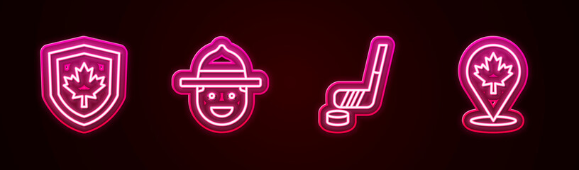 Set line Canada flag on shield, Canadian ranger hat, Ice hockey stick and puck and maple leaf. Glowing neon icon. Vector