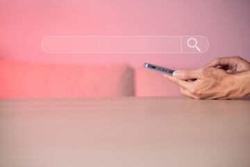 Search technology, search engine optimization, man's hand using smartphone to search information,...