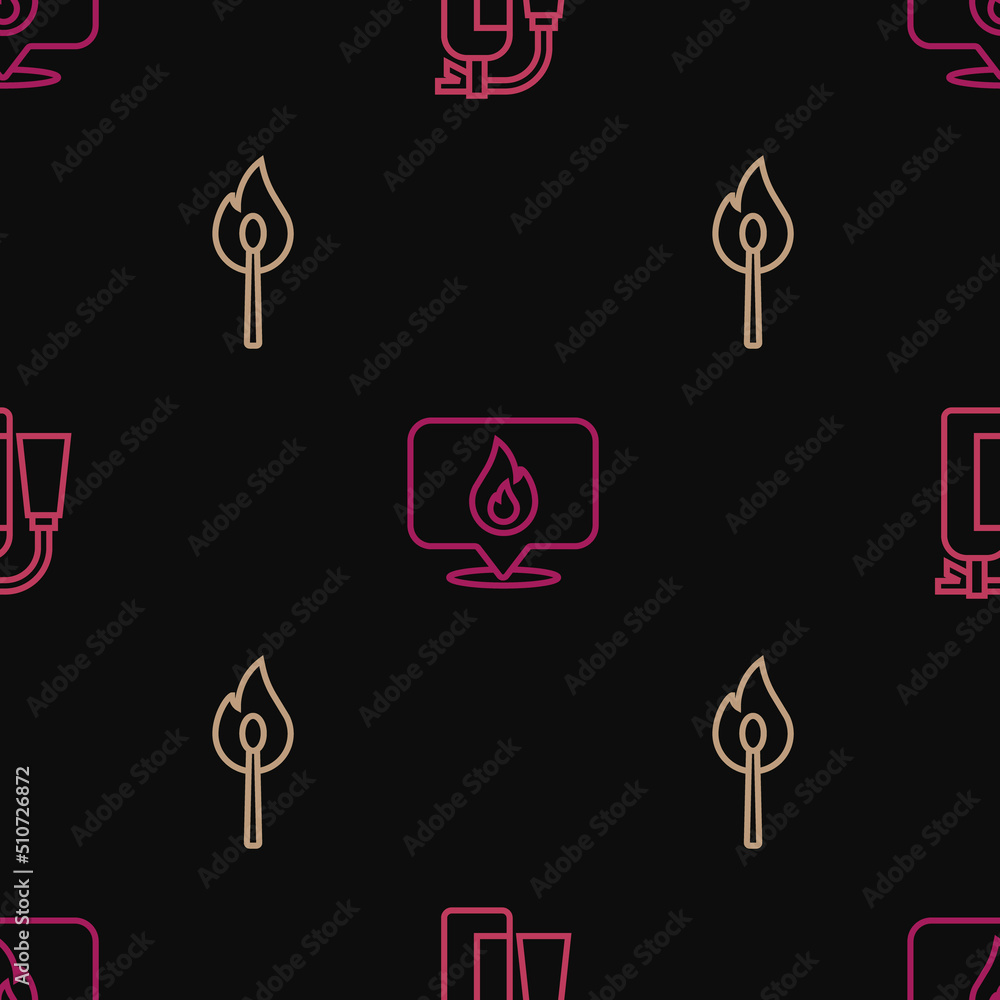Poster set line fire extinguisher, burning match with fire and location flame on seamless pattern. vector
