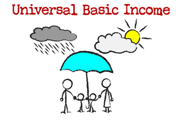 Universal Basic Income, Drawing family under the protective umbrella of universal basic income, unconditional income concept - obrazy, fototapety, plakaty