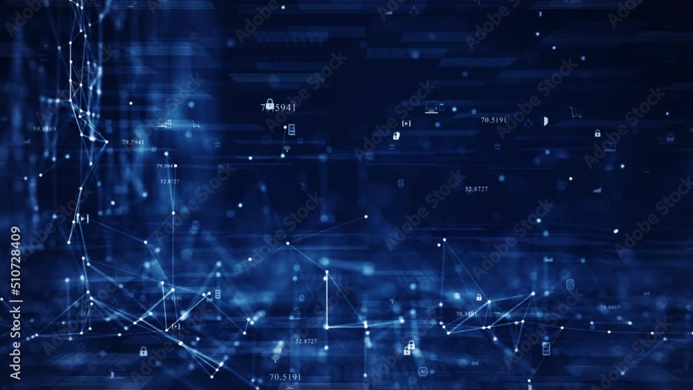 Poster big data technology concept. Interconnected polygons form a prominent sphere in the center with a grid of binary coded icons surrounding slow moving on a dark blue background. data processing analysis