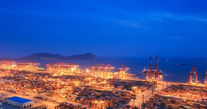 time lapse of the busy Shanghai Yangshan port in nightfall