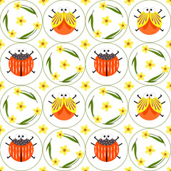 Decorative pattern with beetles and flowers in circles. Vector illustration isolated on white background. For prints, covers, flyers, products for children, fabrics and packaging, various decor.