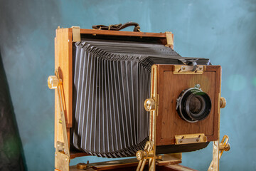 wet plate camera vintage wooden camera and focus glass, lenses and bellows