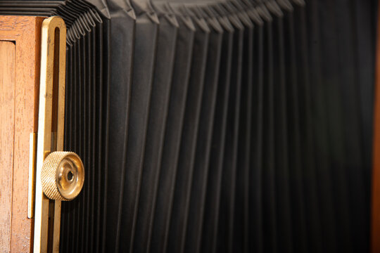 wet plate camera vintage wooden camera and focus glass, lenses and bellows