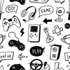 Video game hand drawn doodle seamless pattern. Video gamer console, joystick, controller element. Computer retro, arcade play background, wallpaper, pattern. Vector illustration. © Polina Tomtosova