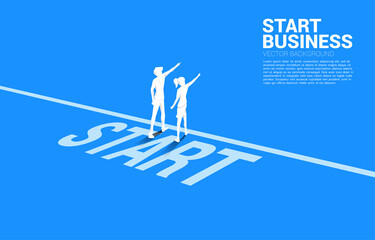 Silhouette of businessman and businesswoman point finger ahead from start line. business concept of ready to start career and teamwork. - obrazy, fototapety, plakaty
