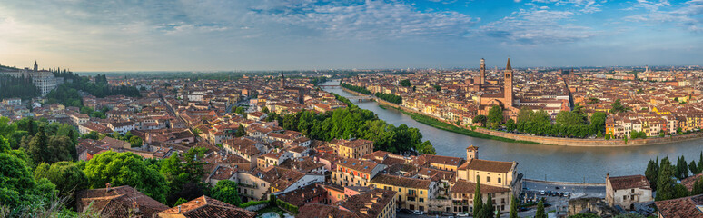 Fototapeta na wymiar Verona Italy, high angle view panorama city skyline at Adige river