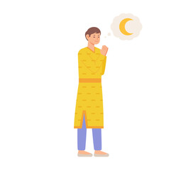 A man in traditional Indian clothes is praying while looking at the moon. flat design style vector illustration.