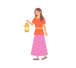 A woman in traditional Indian clothing is walking with a beautiful lantern. flat design style vector illustration.