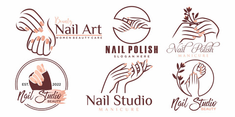 Nail polish or nail salon icon set logo design manicure nail polish and female finger logotype