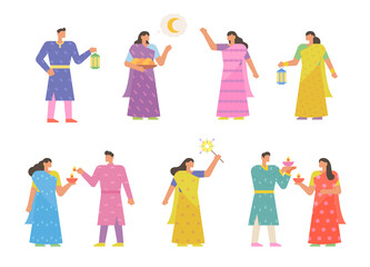 Many people enjoying Diwali festival. decoration source. flat design style vector illustration.