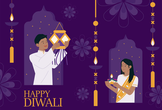 A man and a woman in traditional Indian costumes hold lanterns and oil lamps in their hands. Diwali poster on dark traditional background. flat design style vector illustration.