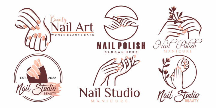 Nail polish or nail salon icon set logo design manicure nail polish and female finger logotype
