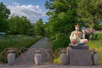 View of the Large Chinese Bridge in Alexander Park in Tsarskoye Selo on a sunny summer day,...