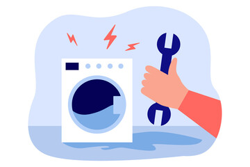 Fototapeta na wymiar Broken washing machine and hand with wrench. Repairman fixing household appliances flat vector illustration. Occupation, maintenance, service concept for banner, website design or landing web page