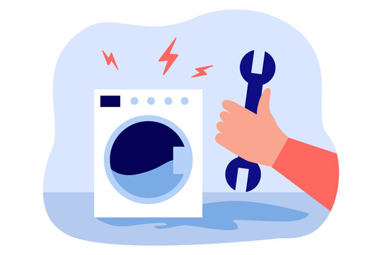 Broken washing machine and hand with wrench. Repairman fixing household appliances flat vector illustration. Occupation, maintenance, service concept for banner, website design or landing web page