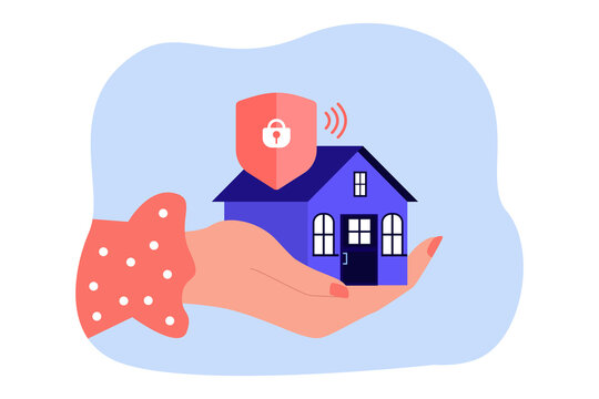 Little House With Security System Sign On Human Hand. Protection Against Break-ins And Crashes Flat Vector Illustration. Alarm, Control, Guard Concept For Banner, Website Design Or Landing Web Page