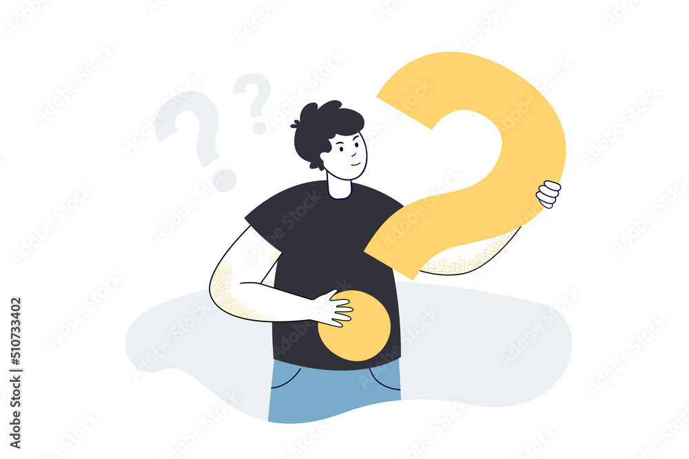 Poster man holding big question mark in hands. pensive person thinking about important information flat vec