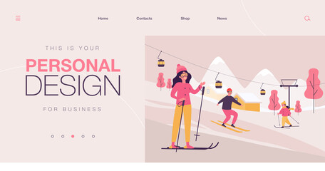 Obraz na płótnie Canvas Skiers skiing downhill in ski resort. Fun winter vacation of family people in mountains flat vector illustration. Active rest, sports, freestyle concept for banner, website design or landing web page