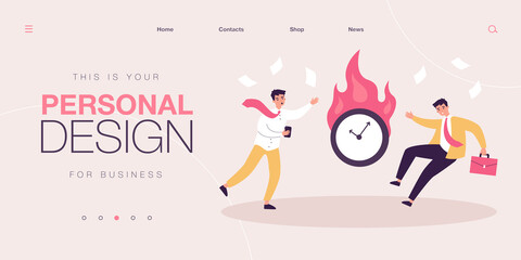 Tiny office workers in panic because of burning clock. Male characters organizing work flat vector illustration. Procrastination, deadline concept for banner, website design or landing web page