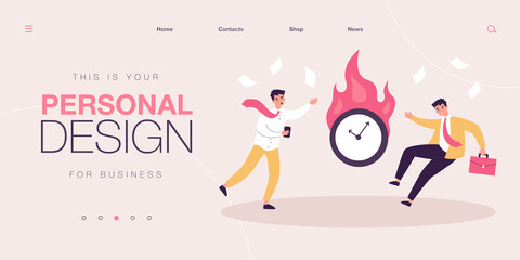 Tiny office workers in panic because of burning clock. Male characters organizing work flat vector illustration. Procrastination, deadline concept for banner, website design or landing web page