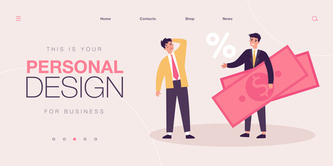 Sad businessman due to increase in credit interest rate. Tiny male characters with money and a percentage sign flat vector illustration. Credit concept for banner, website design or landing web page