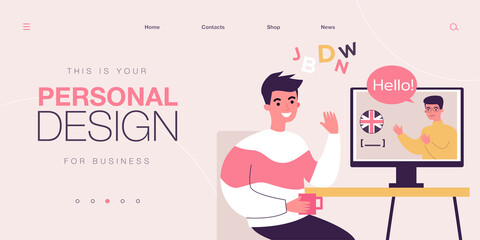 Online communication of people in video chat. Male friend greeting, talking hello in English, waving hand flat vector illustration. Friendship concept for banner, website design or landing web page