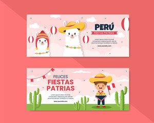 Fiestas Patrias Peru Horizontal Banner Template Social Media Flat Cartoon Background Vector Illustration