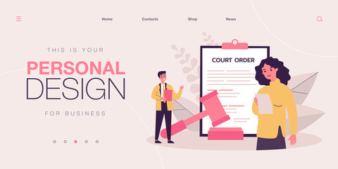 Tiny lawyers standing near court order document and judge gavel. Legal notice for people flat vector illustration. Legislation, civil regulation concept for banner, website design or landing web page