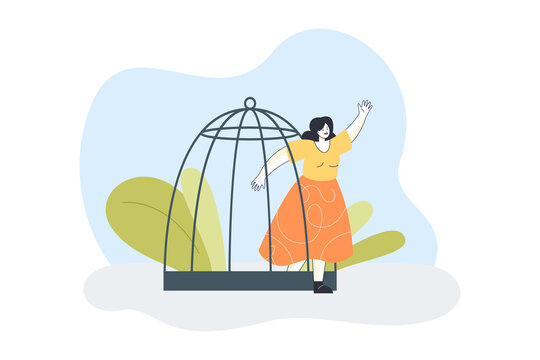 Escape Of Tiny Woman From Cage. Female Victim Feeling Freedom, Leaving Birdcage Through Open Door Flat Vector Illustration. Psychology, Health Concept For Banner, Website Design Or Landing Web Page