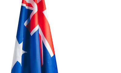 Close-up of the Australian flag is on the left side on a white background