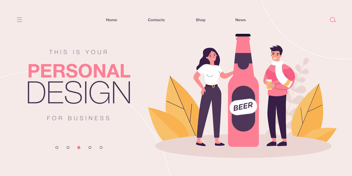 Tiny young people standing near beer glass bottle. Happy adult person drinking cold alcohol from cup flat vector illustration. Brewery, bar concept for banner, website design or landing web page