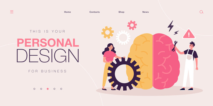Teamwork of tiny people on broken human brain repair. Man and woman with tools and gears flat vector illustration. Mental health, business skills concept for banner, website design or landing web page