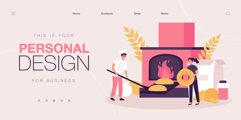 Tiny bakers baking bread and baked goods. Man putting loaves on shovel into oven, woman holding roll flat vector illustration. Bakery, production concept for banner, website design or landing web page