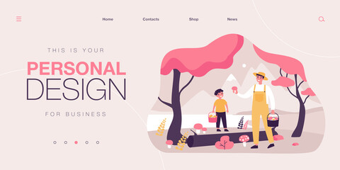 People picking eatable wild mushrooms in forest or park. Man and boy holding baskets flat vector illustration. Fun activity, environment concept for banner, website design or landing web page