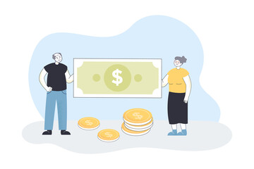 Old retired couple holding cash money. Elderly tiny rich man and woman saving banknotes and coins flat vector illustration. Pension, finance concept for banner, website design or landing web page