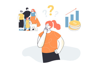 Woman choosing between family and success in work. Girl with dilemma and question marks above head flat vector illustration. Life choice concept for banner, website design or landing web page