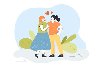 Lesbian couple standing together, looking happy. Female characters with love hearts over heads flat vector illustration. Romantic relationship concept for banner, website design or landing web page